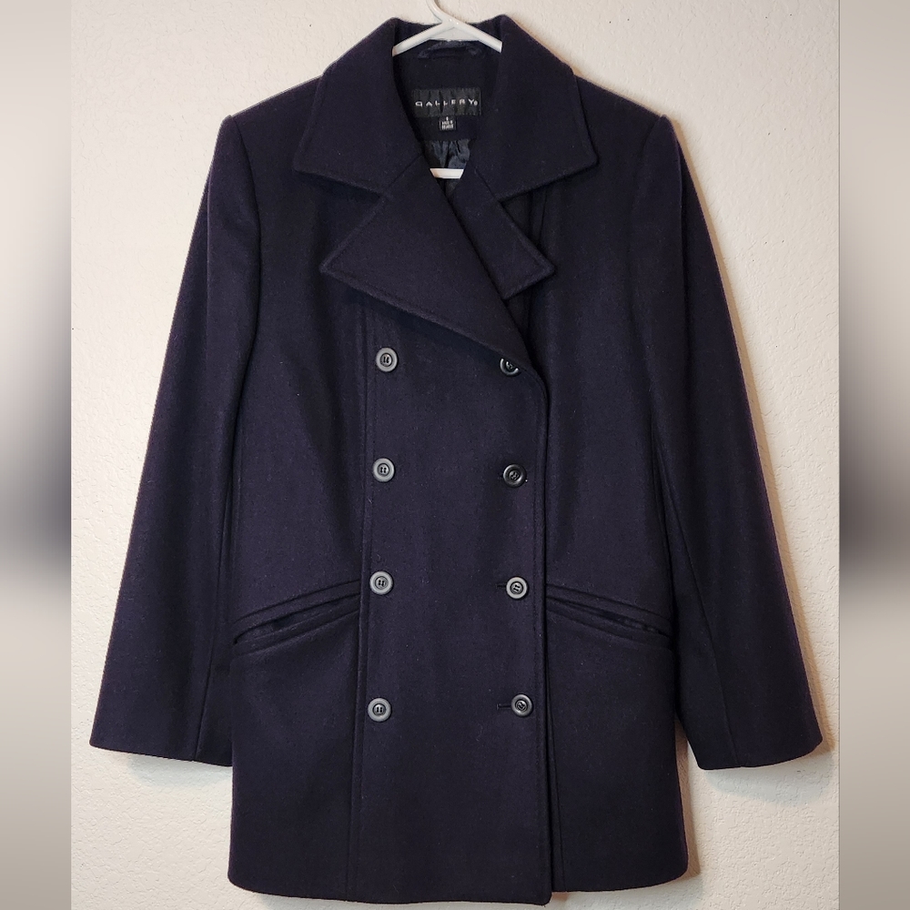 Gallery Navy Blue Double Breasted Wool Blend Pea Coat, Size 6